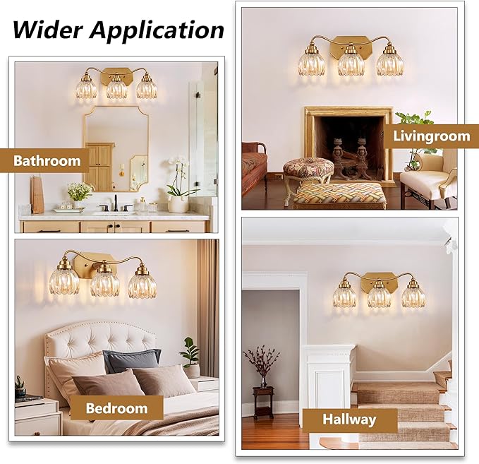 Vintage Bathroom Light Fixtures, 3 Light Gold Bathroom Vanity Light, Matte Antique Brass Finish with Amber Crystal Glass Shade, Wall Sconces Lighting for Bedroom, Living Room（Amber-colored Glass）
