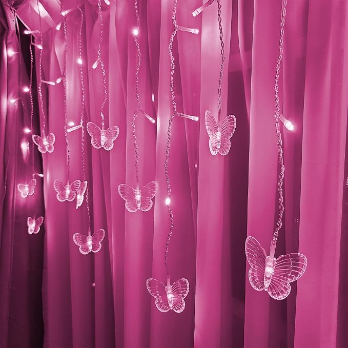 Butterfly Curtain Fairy Lights USB Plug in, 8 Modes 96 LED 11.5FT Firefly Window Twinkle Timer String Lights with Remote for Bedroom Patio Christmas Wedding Party Decoration (Pink)