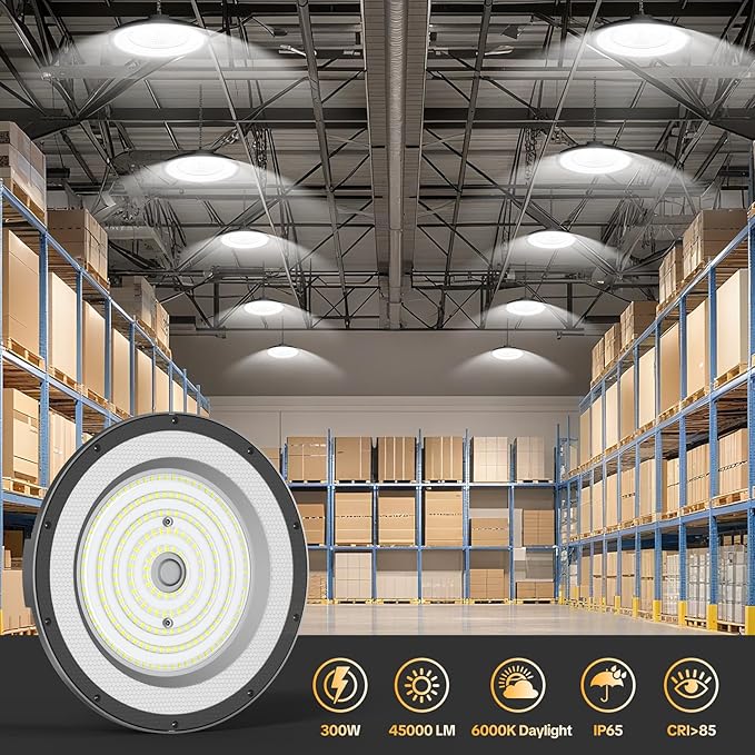 AIKVSXER LED High Bay Light UFO Shop Light 300W 45000LM 6000K Daylight Super Bright IP65 Waterproof for Warehouse Garage Barn Factory Workshop 5FT Cord with US Plug 10 Pack