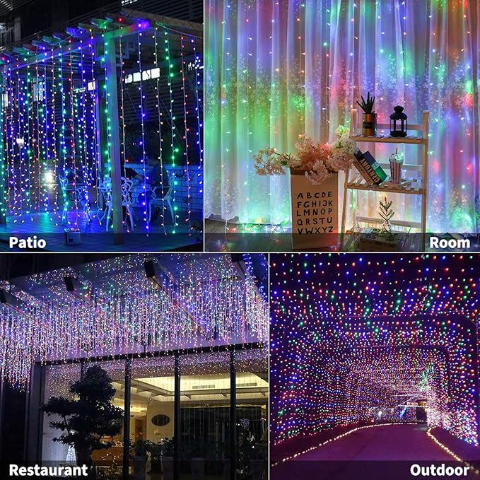 Brightown 300 LED Curtain String Lights, 9.8 FT Hanging Fairy Lights with Remote, 8 Modes, Waterproof Window Lights for Bedroom Backdrop Wedding Outdoor Christmas Decoration, Multicolor