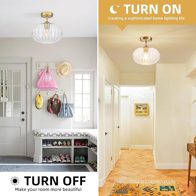 Bagood Gold Semi Flush Mount Ceiling Light Fixture Vintage Ceiling Light Fixture Farmhouse Globe Glass Mid Century Textured Glass Hallway Fixture for Bathroom Entryway (Bulb Incl.)