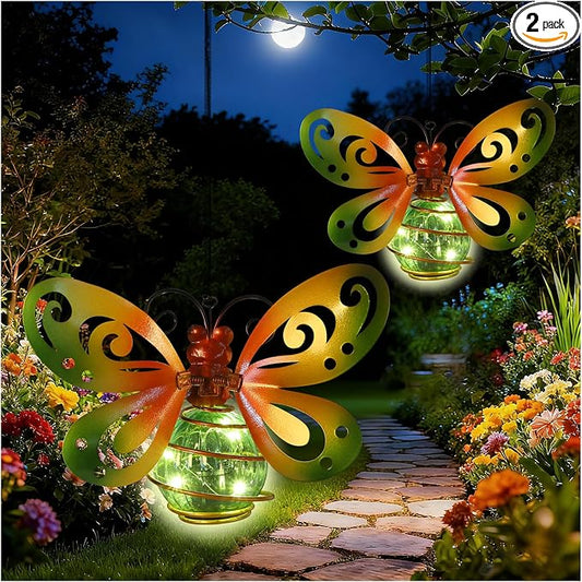 2 Pack Butterfly Garden Decor with Bouncy Springs Pendant Lights Birthday Gifts for Women Mom,Hanging Solar Lights Outside Waterproof Metal Solar Outdoor Decoration for Yard, Porch,Patio,Backyard