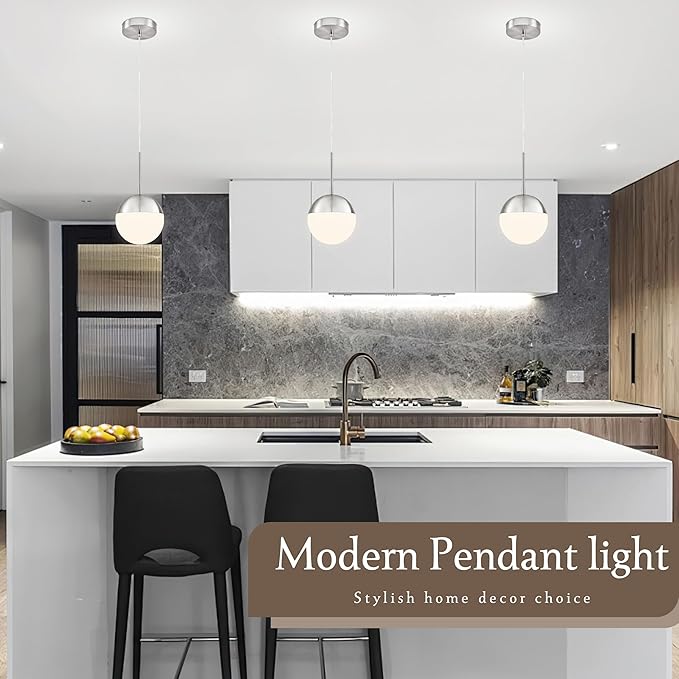 6 Inch Nickel 2 Pack Mid Century Modern Pendant Light Pendants for Kitchen Island Frosted Milky White Glass Globe Height-Adjustable Modern Hanging Globe Pendant Light for Bedroom (Bulb Incl)