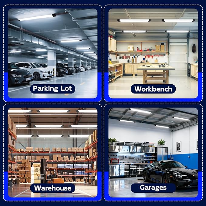 hykolity 4 Pack LED Shop Lights 4FT,60W (350W Equivalent), 6500 Lumens, 5000K Daylight White, Linkable Shop Lights for Garage & Workshop, Plug and Play with Hanging/Surface Mount Kit, Black