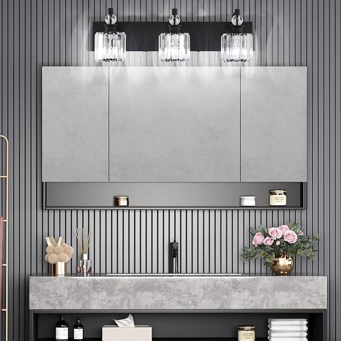 Ralbay Black Crystal Bathroom Lights Fixtures 3 Light Crystal Bathroom Vanity Lights Fixtures Over Mirror Modern Matte Black Bath Wall Lights