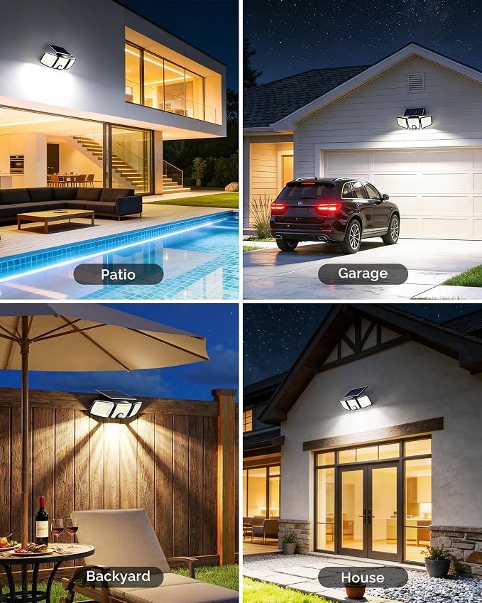 Brightown 2 Pack Solar Outdoor Lights, 2500LM 223 LED Solar Flood Outdoor Lights with Motion Sensor 3 Modes, 3 Head 270° Wide Angle Street Area IP65 Waterproof Security Wall Lights with Remote