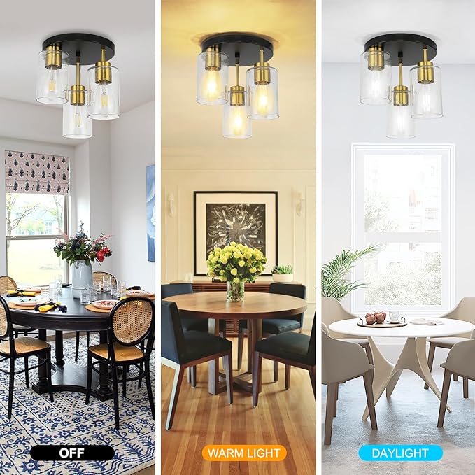 Black Flush Mount Ceiling Light Farmhouse Semi Flush Mount Ceiling Light Fixture with Seeded Glass Shades, 3-Light Black Gold Ceiling Light for Kitchen Hallway Foyer