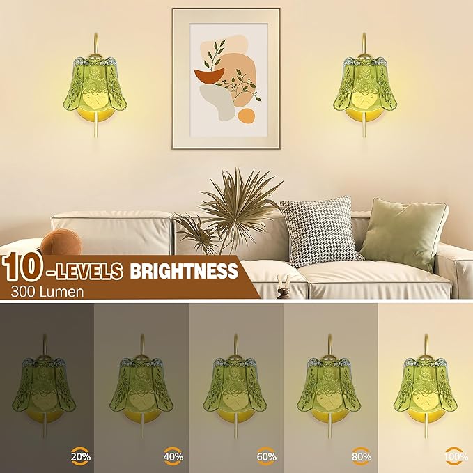 Wireless Wall Sconce with Flower lampshade, Battery Operated Wall Lights,Wall lamp with 15 Colors for Bedroom Living Room Home Decor (Green Flower,2 Light Battery Operated)