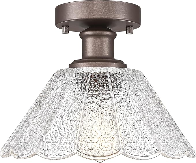 Farmhouse Flush Mount Ceiling Light, HWH 1-Light Semi Flush Mount Ceiling Lights with Clear Floral Glass, 10 Inch Ceiling Light Fixtures, Oil-Rubbed Bronze Finish, 5HJX110F ORB