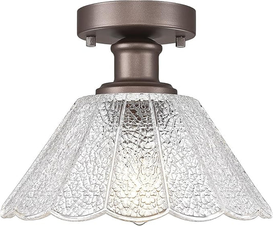 Farmhouse Flush Mount Ceiling Light, HWH 1-Light Semi Flush Mount Ceiling Lights with Clear Floral Glass, 10 Inch Ceiling Light Fixtures, Oil-Rubbed Bronze Finish, 5HJX110F ORB