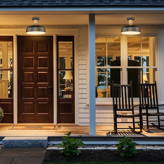 Darkaway Dusk to Dawn Industrial Semi Ceiling Light Fixtures, Flush Mount Indoor Outdoor Ceiling Light with Black Hammered Metal Shade Outdoor Porch Foyer Entryway