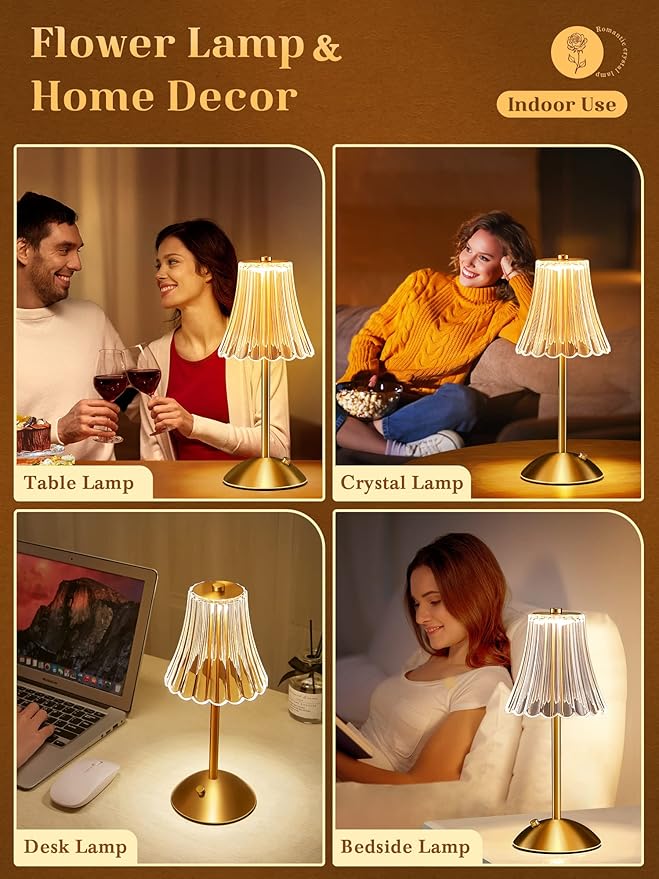One Fire Gold Lamps Set of 2, 3 Colors Bedside Lamp Set of 2, Dimmable Bedroom Lamps Vintage Lamp,Rechargeable Nightstand Lamp, Table Lamp for Bedroom Living Room Bathroom Hotel Bar