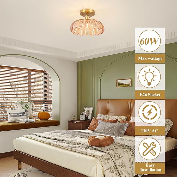 Hallway Lights Fixture Ceiling,Amber Semi Flush Mount Ceiling Lights,9.8" E26 Vintage Light Fixtures for Closet Hallway Kitchen Dining Room