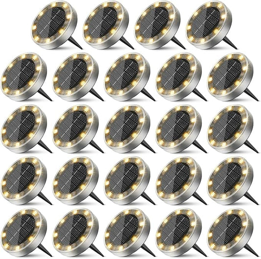 Peasur Solar Ground Lights Outdoor, 24 Pack Flat Solar Powered Disc Lights, IP68 Waterproof, Anti-Rust, Landscape Lighting for Pathway Garden Yard Lawn Walkway Landscape Driveway, Warm White