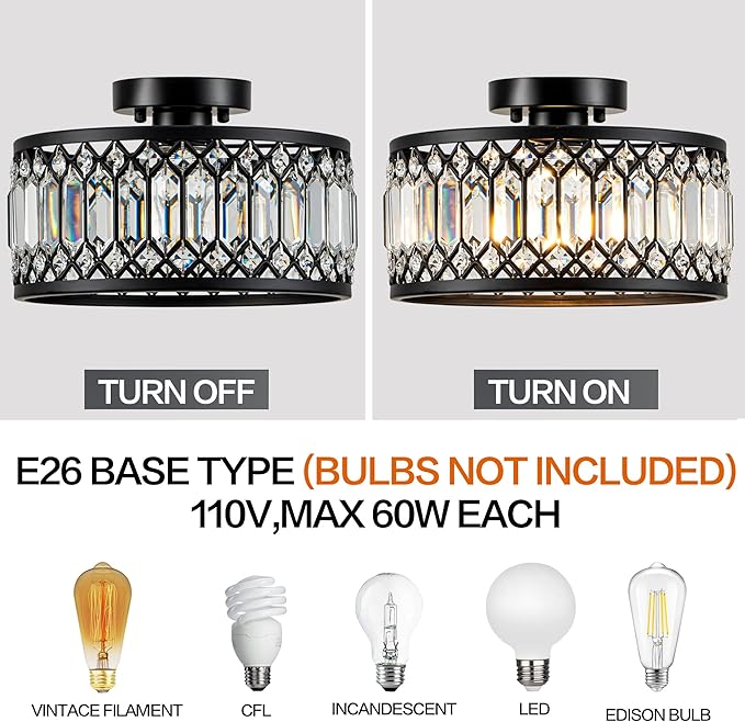 Crystal Black Ceiling Light, Modern Semi Flush Mount Ceiling Light Fixture, Round Small Chandelier for Hallway Entryway Bathroom Bedroom Laundry Room, 1-Light, 11.4 Inch
