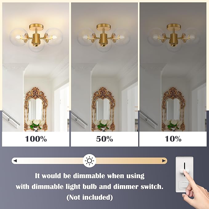 Mid Century 3-Light Clear Globe Glass Gold Chandelier 19 Inch Modern Brass Semi Flush Mount Ceiling Lights Modern Light Fixtures Ceiling Lights Fixture for Bedroom Living Room Hallway Entryway