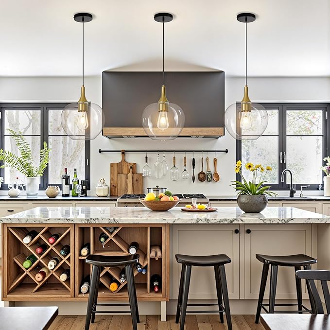 Glass Pendant Lights Kitchen Island, 9.45'' Black Gold Pendant Lighting Fixtures, Modern Hanging Ceiling Light with Clear Glass Shade for Farmhouse Dining Room Bedroom Hallway(1 Pack)