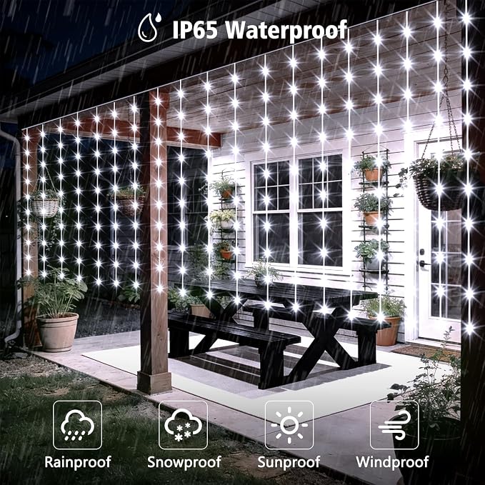 DBFAIRY Solar Curtain Lights 200 LED Outdoor Curtain Lights Waterproof | 13 x 3.9ft Solar Twinkle Curtain Lights with Remote Timer Dimmable for Garden Party Wedding Decór, Cool White
