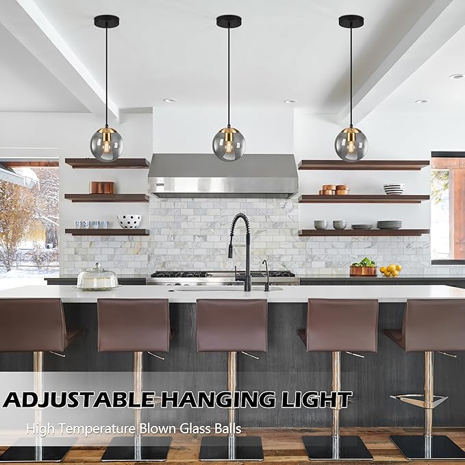 KoKo&Yukina 6 Inch Globe Pendant Light Gold Globe Pendant Lights Kitchen Island Mid Century Light Fixture with Grey Glass Shade for Dining Room