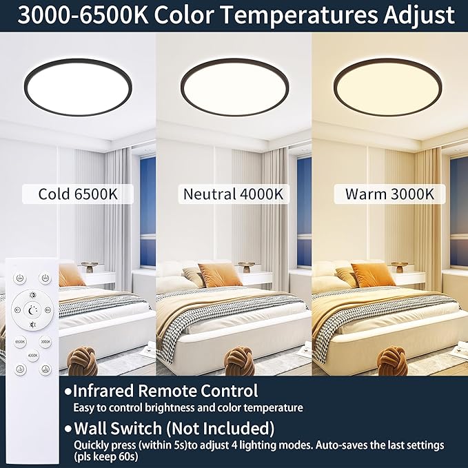 MOONSEA 20 Inch LED Flush Mount Ceiling Light 45W, Large Ceiling Light with Remote Control, Round Dimmable 3000K-6500K Adjustable, Modern Slim Flat Panel Lights for Kitchen Bedroom, Black