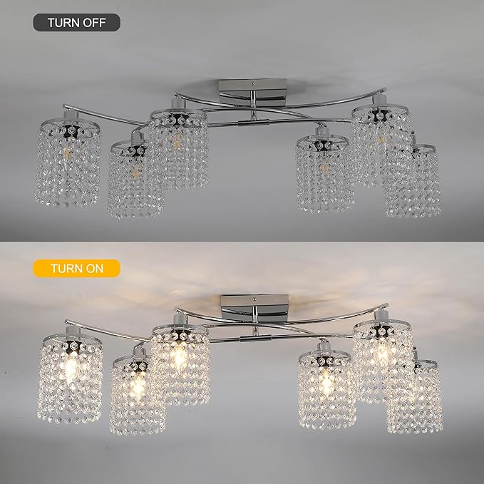 Garwarm 35" Semi Flush Mount Ceiling Light, 6 Lights Modern Crystal Chandeliers, Dining Room Light Fixture Kitchen Lighting Fixtures Ceiling for Living Room Bedroom Chrome