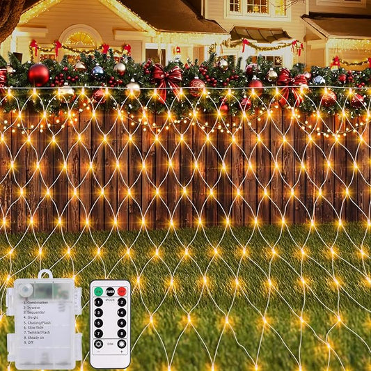echosari Christmas Net Lights Battery Operated, 100 LED 5FT x 5FT Net Lights Outdoor with Remote Timer, Bush Mesh Light for Xmas Tree Garden Yard Decor (Warm White)