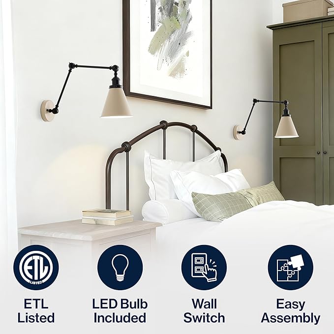 JONATHAN Y 7" Almond/Black Classic Industrial Metal Adjustable Arm LED Wall Sconce for Bedside Reading, Farmhouse Swing Arm Wall Lamp with Metal Shade, Hardwired (JYL7462F-SET2)