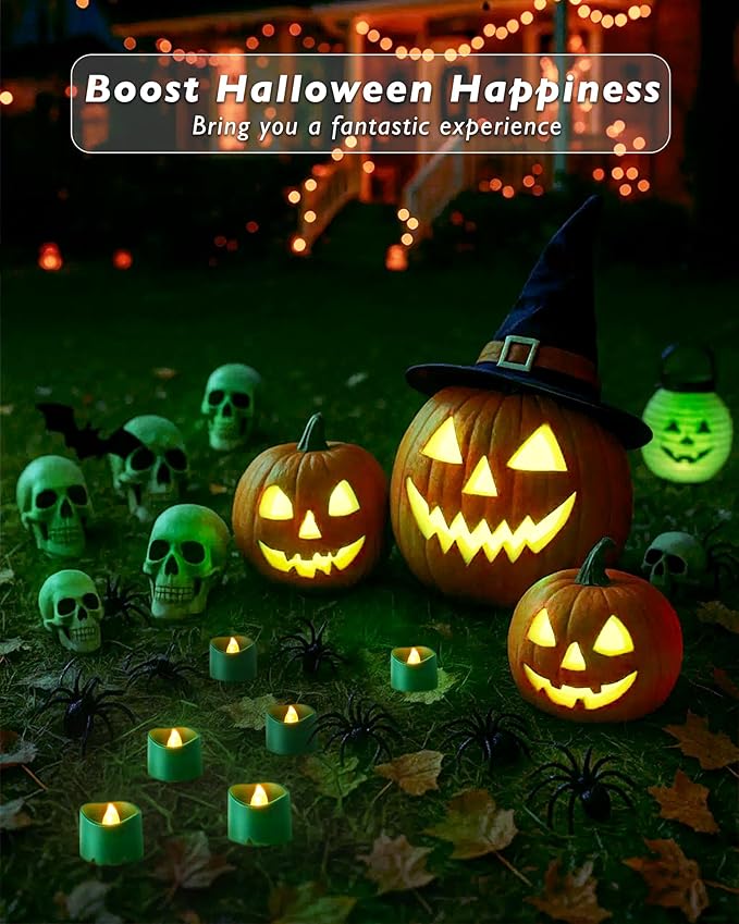 Raycare Green Battery Operated Tea Lights, 200+Hour Electric Flickering Flameless Candles, Realistic Votive LED Tea Lights for for St. Patrick's Day Theme Party Halloween Christmas Decorations,12Pcs