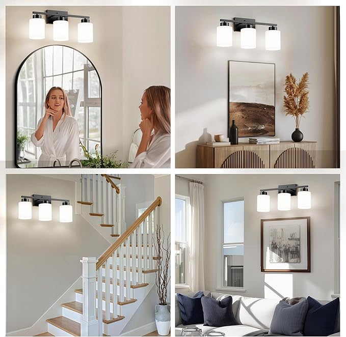 PARTPHONER 3-Light Matte Black Bathroom Light Fixtures, Modern Vanity Light Over Mirror Lighting, Wall Sconce with Frosted Milky White Glass Shades for Bedroom Living Room Kitchen Hallway