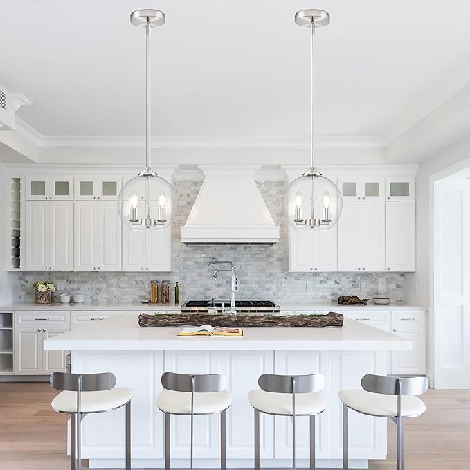 10" Globe Pendant Lights Kitchen Island 2 Pack Glass Globe Pendant Light Fixture Bedroom Mid Century Modern Pendant Lighting Nickel Pendant Light for Kitchen Island (Bulb Incl.)