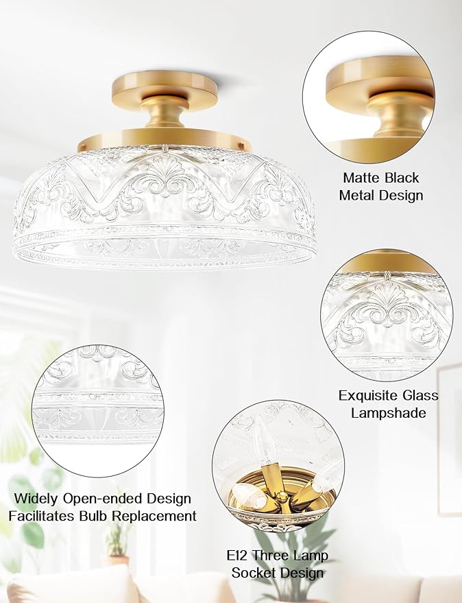 Semi Flush Mount Ceiling Light, 12 Inch Large Gold Ceiling Light Fixture, 3-Light Globe Glass Farmhouse Kitchen Lighting Fixtures for Bathroom, Hallway, Dining Room (Bulb Not Included)