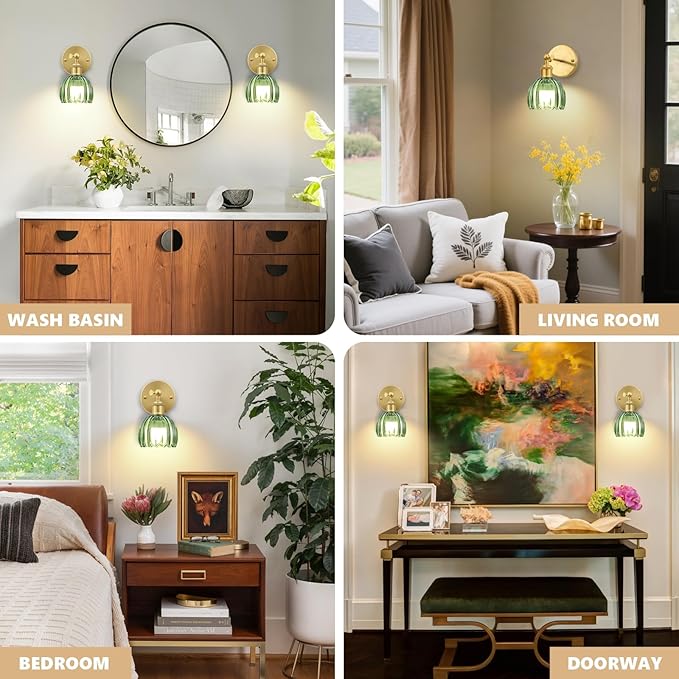 Vintage Battery Operated Wall Sconce, Green Tulip Glass Lampshade Wireless Rechargeable Battery Powered LED Wall Light with Remote Dimmable for Bedside Bedroom Doorway Living Room, Set of 2