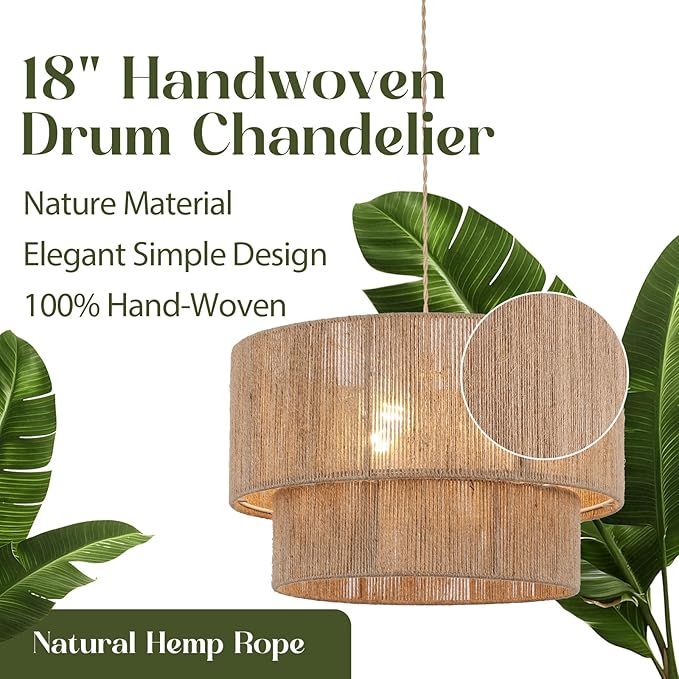18” Plug in Pendant Light, Hanging Light Fixture with Hemp Rope Lampsahde, Handwoven 2 Tier Drum Boho Plug in Chandelier for Dinning Room, Bedroom and Living Room