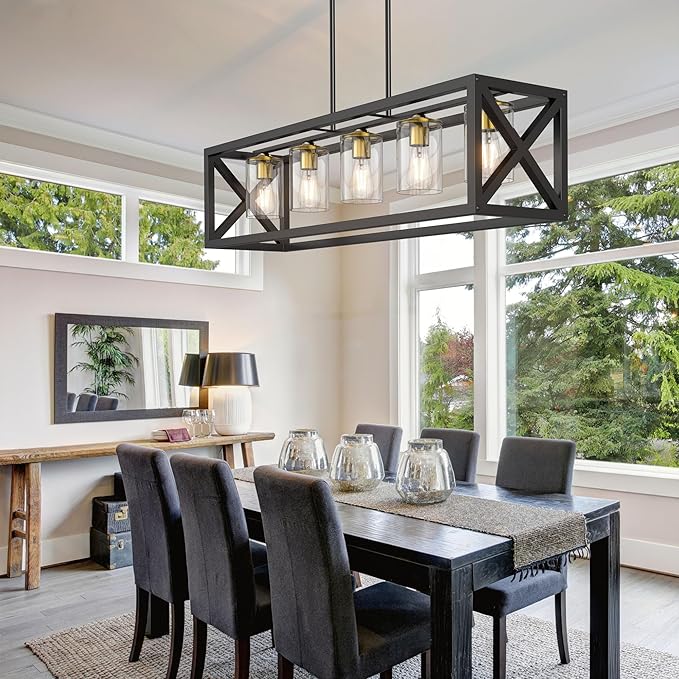 Espird Black Gold Dining Room Light Fixture - 5 Light Chandeliers for Dining Room with Clear Glass Shade & Adjustable Height & Thickened Metal Rectangle Dining Table Light Fixture