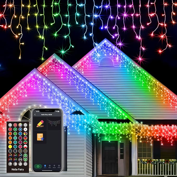 99FT Smart Color Changing Christmas Icicle Lights - APP Control 897 LEDs 207 Drops Outdoor Roof String Lights DIY 100+ Effects Music Sync, Waterproof for Outside Garage Eaves House Holiday Decor