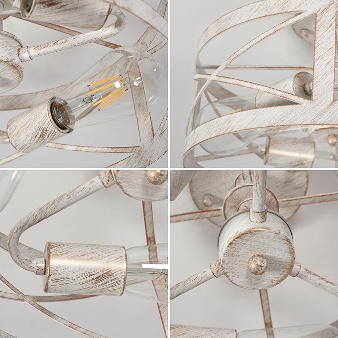 Rustic 3-Light Semi-Flush Mount Ceiling Light 13 Inches Round Lighting Fixtures for Kitchen Island Dining Room Bedroom Farmhouse Foyer Hallway Front Door, White & Gold