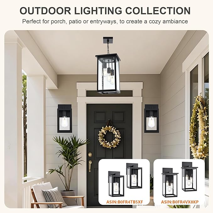 TODOLUZ 3-Lights Large Outdoor Pendant Light, Black Porch Ceiling Lighting Fixtures with Seeded Glass Panel, Exterior Hanging Lantern Adjustable Chain for Yard Entryway Patio