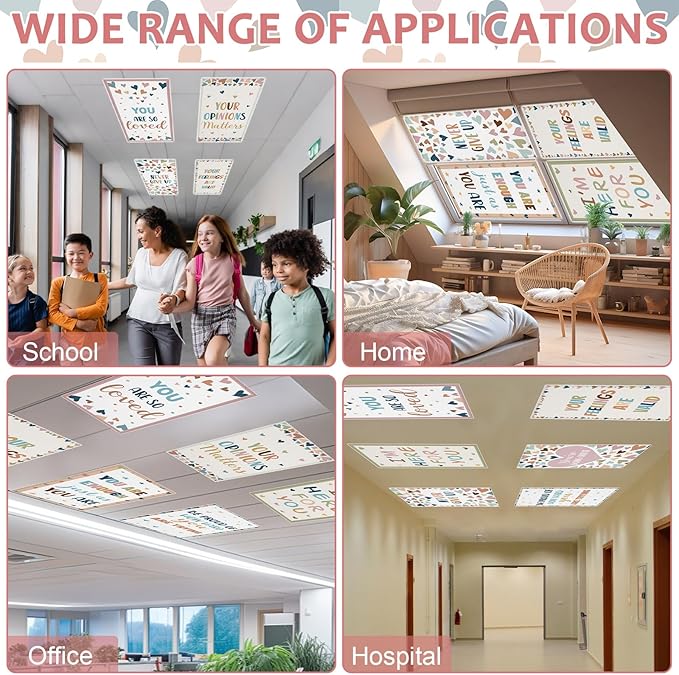 QOUBAI 8 Pcs Fluorescent Light Covers, 4x2 Feet Magnetic Light Cover Fluorescent Lights Shade Panel Positive Inspirational Ceiling Lights Filters for Office Classroom Home Drop Ceiling Boho Heart