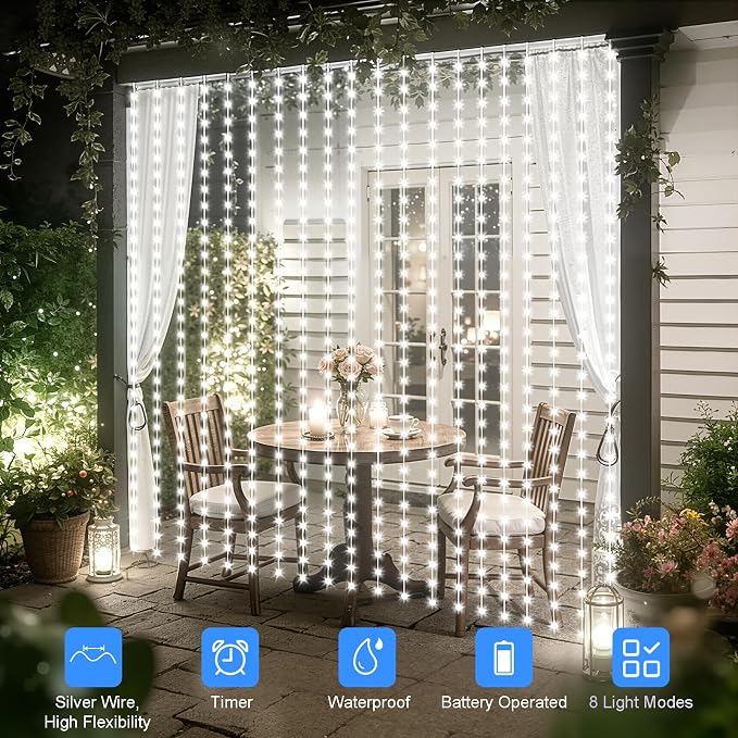 echosari Curtain Lights Battery Operated, 300 LED Fairy Curtain Lights 9.8 x 9.8Ft with Timer Hooks for Bedroom Wedding Backdrop Indoor Decor (Cool White)