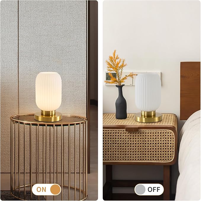 Dimmable White Glass Table Lamp: Mid Century Modern Nightstand Light with Milk White Shade - Small Decorative Brass Desk Lamp - Ribbed Glass Bedside Tables Lamps for Bedroom Living Room Bulb Excluded