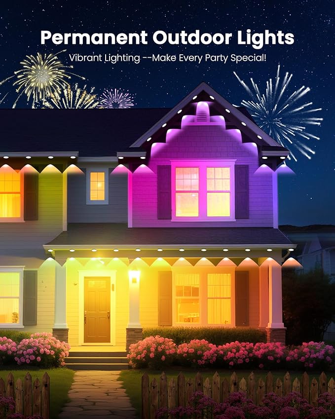 KISUFU 200FT RGB+IC Permanent Outdoor Lights, 24V Year-Round Roof & Eaves Lighting with 221 Modes, App & Remote Control, IP68 Waterproof, Smart Outside Lights for Halloween, Christmas, Holidays