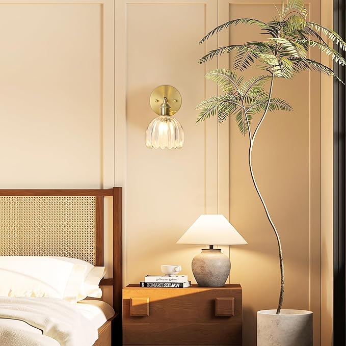 Hardwired Wall Sconce Light, Vintage Wall Sconce with Switch, Gold Wall Light Fixture with Tulip Transparent Glass Lampshade, Indoor Wall Light for Bedroom Bathroom, Bedside Wall Lamp