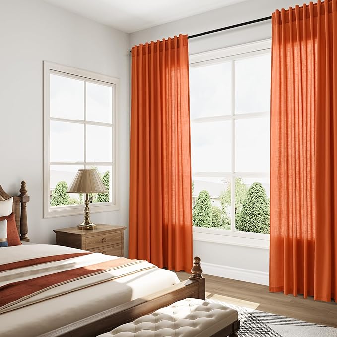 Nanspring Bright Orange Linen Blend Light Filtering Back Tab Curtains 108 Inches Long, Semi Sheer Privacy Drapes for Living Room & Bedroom, 52x108 inch, 2 Panels