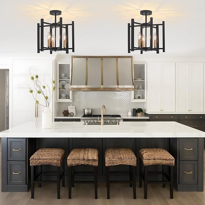 14.6'' Ceiling Light Fixture, 3-Light Black and Gold Semi Flush Mount Ceiling Light Fixture, Modern Farmhouse Industrial Ceiling Light for Hallway Entryway Kitchen Dining Room Bedroom