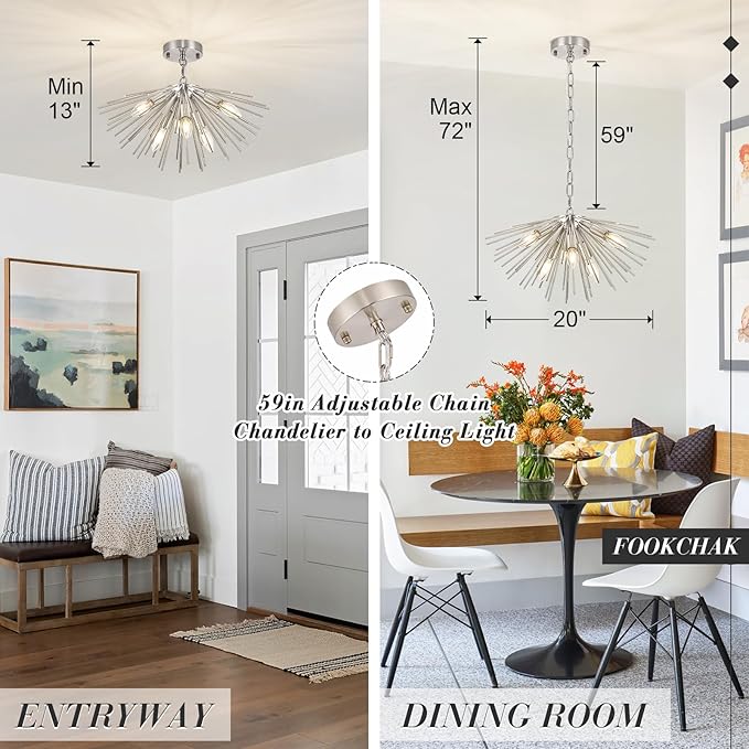 Nickel Sputnik Ceiling Light, 6-Light Starburst Chandelier Ceiling Lights Mid Century Modern Satellite Flush Mount Light Solid Metal for Entry Kitchen Sink Dining Room