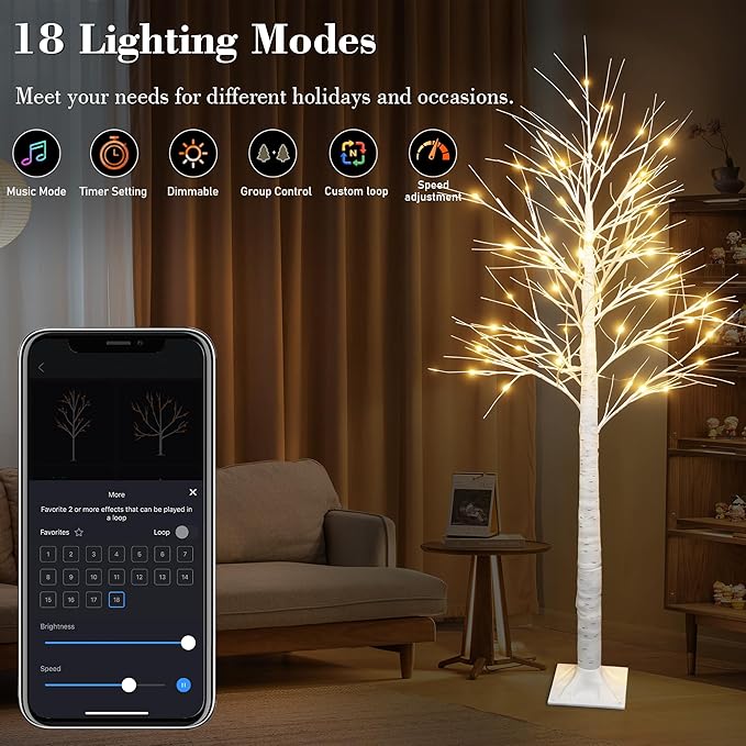 2Pack Smart 6FT Lighted Birch Tree with WW LED Lights for Home Decor, APP & Button Control, Music-Sync, Smart Timer, Multi-Tree Group Control, Indoor & Outdoor Decoration for Room Yard Patio Wedding