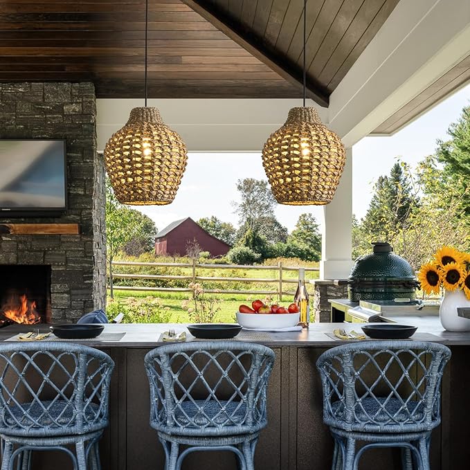 2-Pack Rattan Pendant Light 10.24" Boho Small Hand-Woven Lighting Modern Wicker Coastal Adjustable Rattan Chandelier for Kitchen Island Dining Room Bedroom Restaurant Foyer Farmhouse