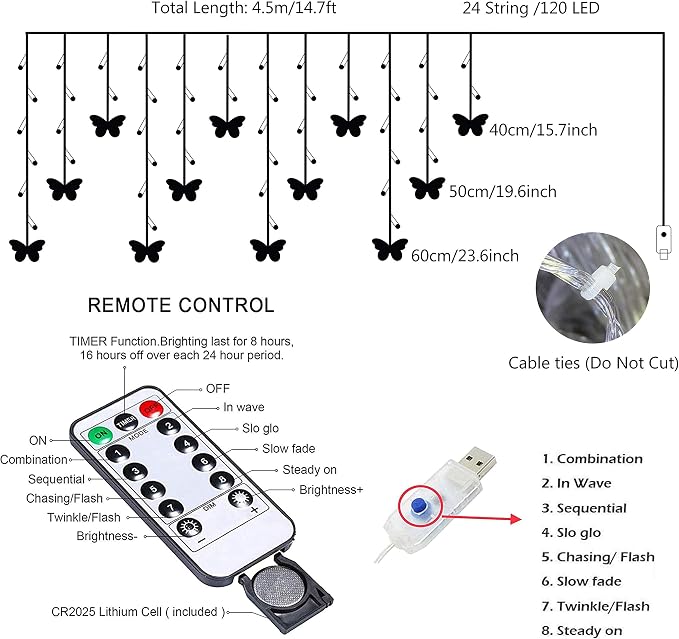 Butterfly Curtain Fairy String Lights, 120LED 8 Modes USB Powered Timer Firefly Twinkle Light with Romote, 14.7FT Copper Wire Hanging Decoration for Room, Wedding, Bedroom, Party, Christmas Decor