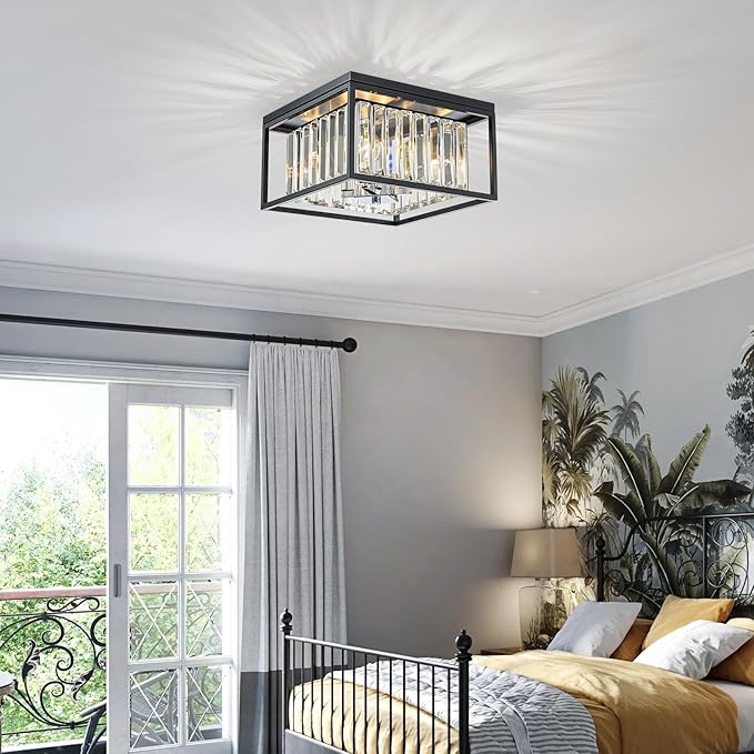 LumFurn 4-Lights K9 Crystal Ceiling Light, Close to Ceiling, 2-Tier Square Flushmount Light Fixture for Living Room, Foyer, Bedroom, L12 x W12 x H7, Clear Crystal, Black & Chrome Finish
