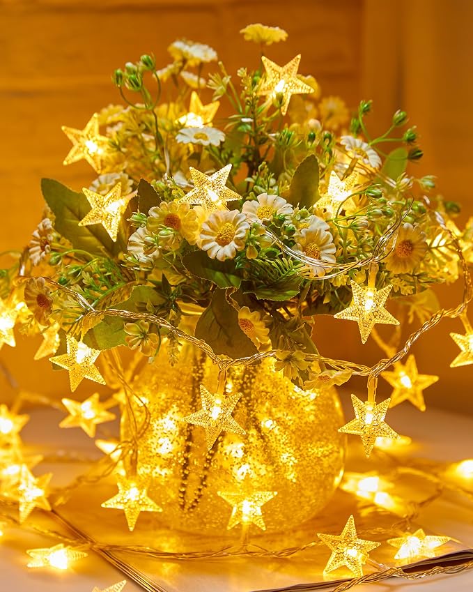 Minetom Star String Lights Battery Operated - 17 ft 50 LED Star Fairy String Lights with Timer, Waterproof for Indoor Bedroom Tent Loft Bed Patio Party Wedding Ramadan Decorations, Warm White
